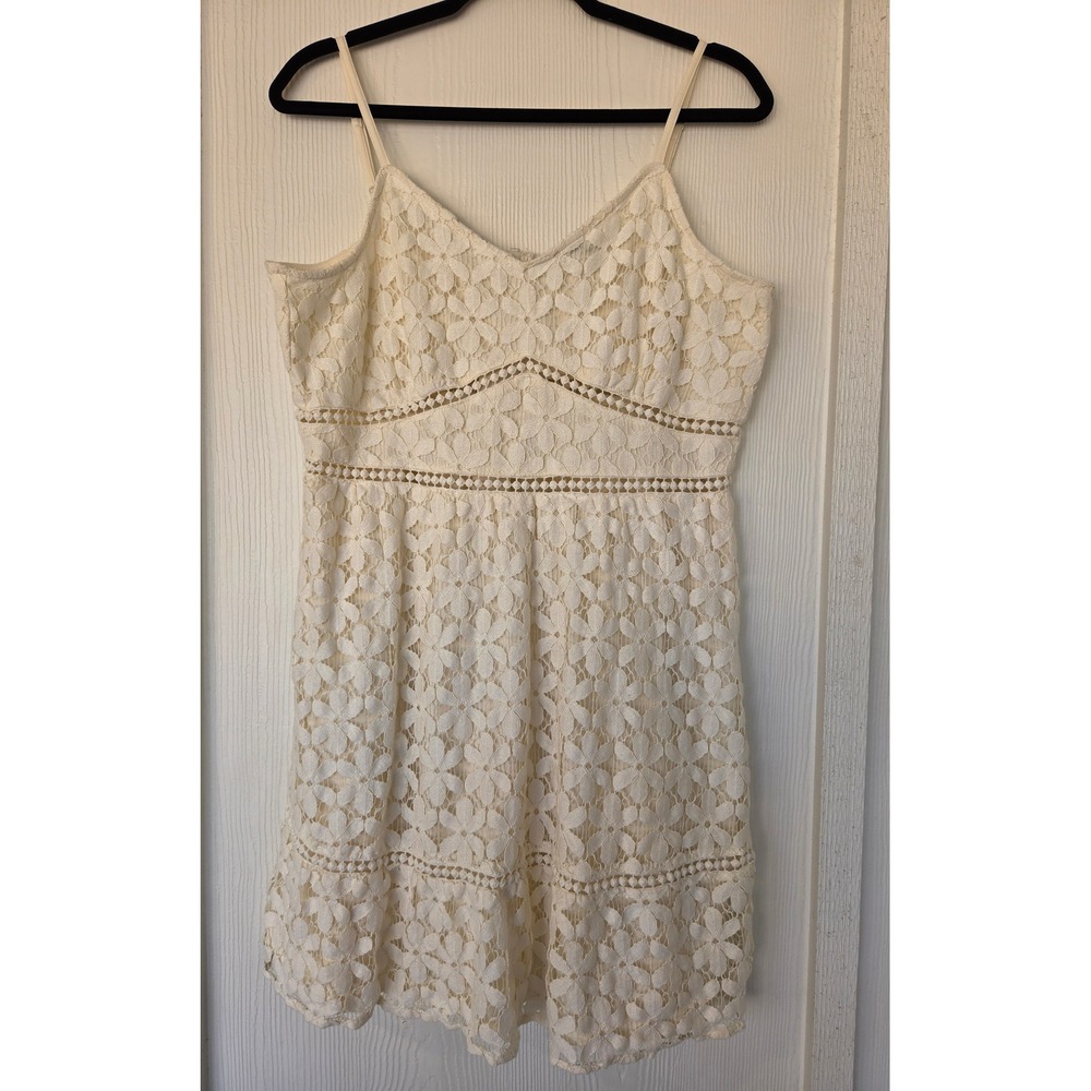 Floral Lace Crochet Trim Tiered Mini Dress L Fairy Cottage Boho Romantic Peasant